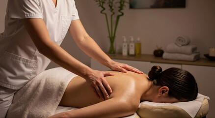 Woman masseuse massaging back of a woman client in a spa salon. Relaxing body treatment for stress relief and well-being. Wellness and self-care concept.