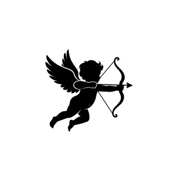 Cupid Silhouette Flying with Bow and Arrow.