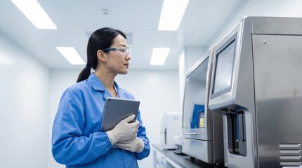 Asian woman scientist in blue lab coat holding tablet and monitoring machine data in laboratory. Scientific research and medical technology banner with copy space