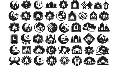 Ramadan Kareem and Eid Mubarak Black and White Islamic Icon Set for Religious Design © KamrunNahar