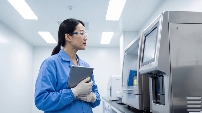 Asian woman scientist in blue lab coat holding tablet and monitoring machine data in laboratory. Scientific research and medical technology banner with copy space