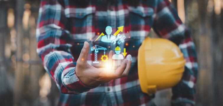 Construction worker presenting skilled workforce upskilling process from manual labor through vocational training to professional success, Labor market, Education system, On-job training concept