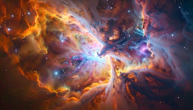 A vibrant nebula showcases celestial gases and dust illuminated by radiant starlight, with hues of orange, blue, and gold creating an ethereal atmosphere