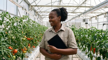 Black woman holding tablet with data charts and smiling while inspecting tomato plants in commercial greenhouse. Smart farming technology and agricultural business management
