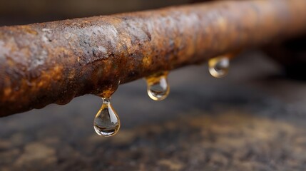 Detailed ro shot of a rusted metal pipe with clear oil droplets falling emphasizing texture and decay