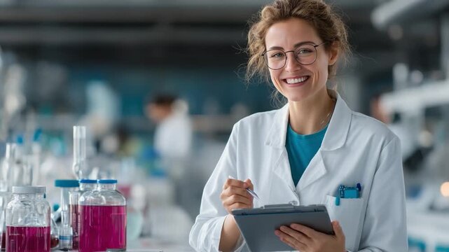 Smiling Young Female Scientist Measuring pH of Beverage Sample