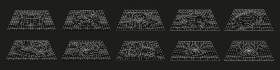 Distorted grid surface patterns forming abstract wave shapes. Futuristic digital backgrounds with depth illusion © stas111
