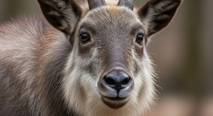 Japanese serow standing in a forested mountain habitat. A goat antelope species native to Japan, known for thick fur, short horns, and adaptability to rugged terrain.