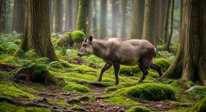 Japanese serow standing in a forested mountain habitat. A goat antelope species native to Japan, known for thick fur, short horns, and adaptability to rugged terrain.