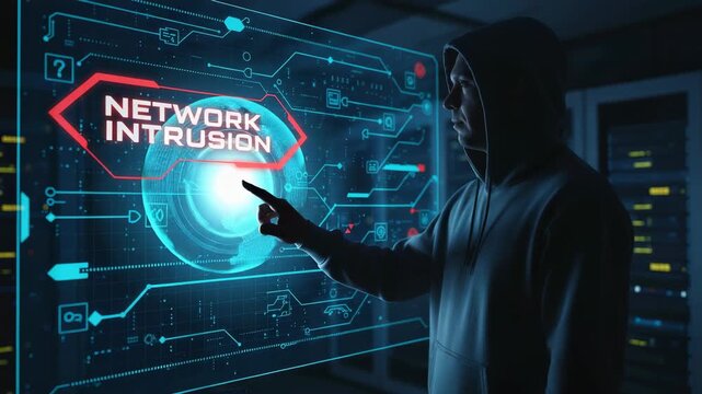 Anonymous hacker in a dark server room using a futuristic holographic interface to launch a network intrusion, symbolizing cybercrime, data breach, and advanced digital threats