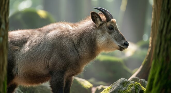 Japanese serow standing in a forested mountain habitat. A goat antelope species native to Japan, known for thick fur, short horns, and adaptability to rugged terrain.