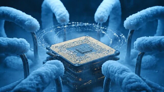 A glowing CPU stack, immersed in a dramatic, frosty blue environment, is surrounded by swirling digital energy particles. The scene suggests extreme cryogenic cooling for high-performance computing o