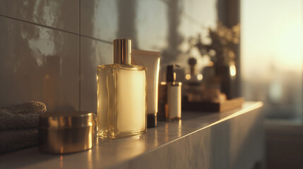 Fototapeta premium Stylish collection of beauty items featuring shimmering glass containers and lipstick