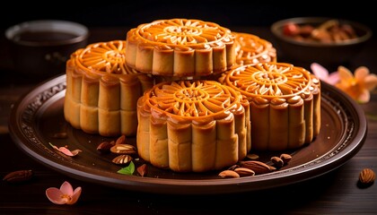 Close-up of stacked, intricately designed pastries on a brown plate, surrounded by nuts, tea, and floral accents. A warm, inviting composition