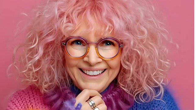 Mature and alternative woman with pink hair and a cool and happy attitude 