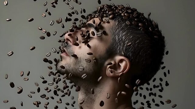Profile young man portrait with coffee grains falling over her face 