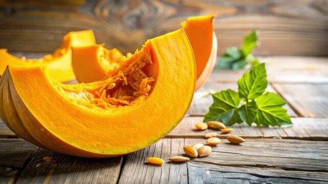 Close up of fresh pumpkin slices with seeds and green leaves on wood