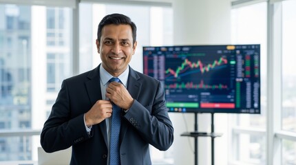 Indian businessman in blue suit adjusting tie and smiling in office with trading monitor. Financial success and stock market investment