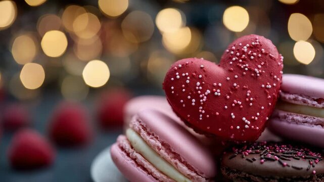 256Close-up of red and pink macarons stacked in heart shape, romantic dessert detail for Valentine&rsquo;s Day