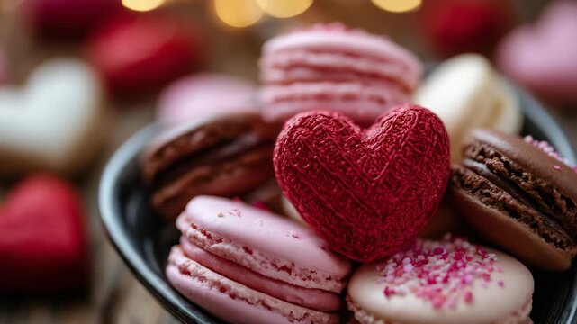 257Close-up of red and pink macarons stacked in heart shape, romantic dessert detail for Valentine&rsquo;s Day