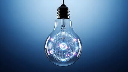 Glowing Light Bulb with Network Connections on Blue Background