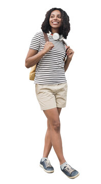 Full length portrait of a young woman standing isolated transparent PNG, student girl full body photo PNG with transparent background precisely cut out with clipping path.