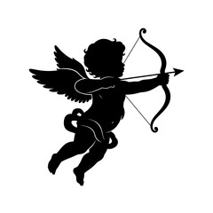 Cupid silhouette with bow and arrow flying.
