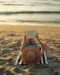 a relaxed person lying on a beach towel near the shoreline