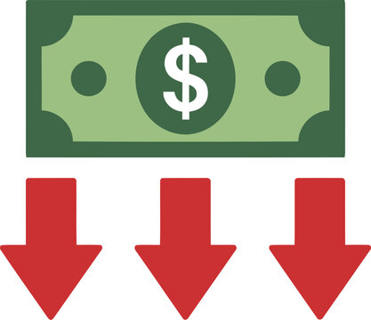Illustrating financial decline and cost reduction with a dollar bill and downward arrows