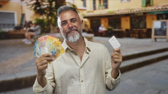 Man middle age holding swiss franc banknotes fanned in one hand and a white card in the other while smiling on a street; confidence prosperity success.