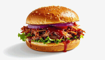 Juicy Pulled Pork Sandwich with BBQ Sauce, Red Onion, and Lettuce on a Sesame Seed Bun