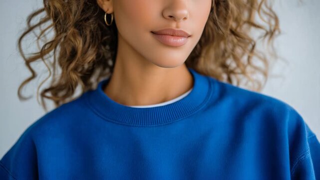 372Close-up of a woman in a royal blue sweatshirt, white background, minimalistic styling, fabric texture and fit highlighted, online fashion catalog visual