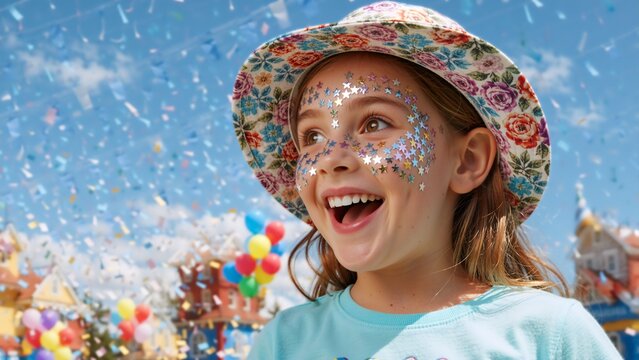 Joyful young girl with star face glitter at festival. Child wearing floral hat with falling confetti and balloons. Summer celebration and carnival concept
