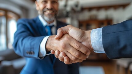 Two men shake hands in an office to mark the conclusion of a business agreement. The room has furniture and natural light coming through the windows