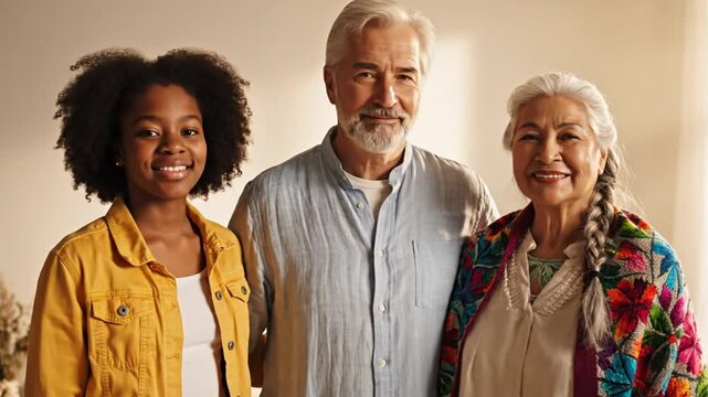A young woman, a senior man, and an elderly woman stand together in a supportive pose for a cancer awareness video, promoting family support for a cancer patient with a warm and hopeful