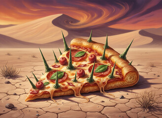 illustration of slice of delicious pizza covered in spikes like a cactus. A surreal and conceptual artwork blending food with danger.