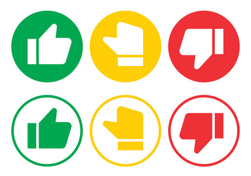 Like, dislike and neutral thumb symbols in white and black circle. Feedback and rating thumbs up and thumbs down icons set. Thumbs up, down and sideways icon set.