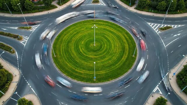 Continuous, blurred traffic flows rapidly around a large, grassy urban roundabout in a mesmerizing 8-second aerial view, symbolizing steady metropolitan movement and transportation efficiency.