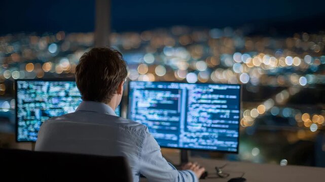Cinematic back view of AI developer working at computer desk, hyper-realistic code displayed clearly on screen, bright contemporary office, future-focused software development scen