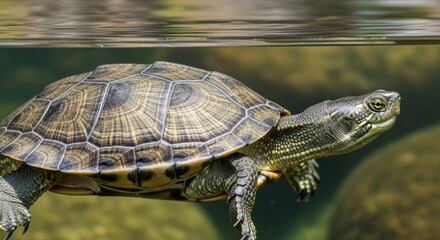 Naklejka premium Japanese pond turtle resting near freshwater habitat. A semi aquatic reptile native to Japan, commonly found in ponds and slow moving rivers, symbolizing freshwater biodiversity.