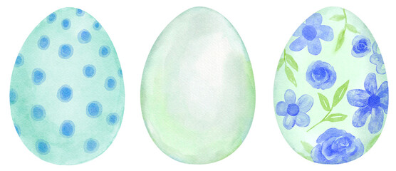 Green Easter Eggs Watercolor with Dots, Plain, and Flowers Pattern in Pastel Color - Hand Drawn and Painted 