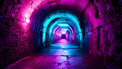 Obraz premium Neon glowing tunnel with vibrant purple and blue lighting for futuristic background, technology atmosphere, and abstract urban concept.