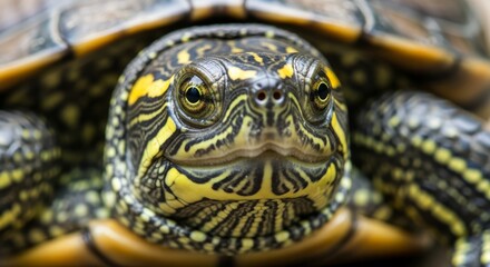Naklejka premium Japanese pond turtle resting near freshwater habitat. A semi aquatic reptile native to Japan, commonly found in ponds and slow moving rivers, symbolizing freshwater biodiversity.