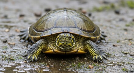 Obraz premium Japanese pond turtle resting near freshwater habitat. A semi aquatic reptile native to Japan, commonly found in ponds and slow moving rivers, symbolizing freshwater biodiversity.
