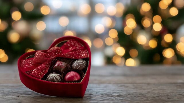 Close-up of a heart-shaped box of chocolates, glossy red wrapping, soft bokeh lights in the background, romantic Valentine&rsquo;s Day concept