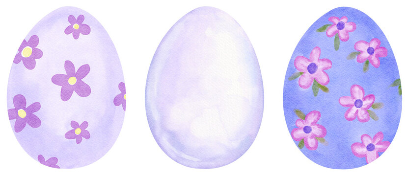 Purple Easter Eggs Watercolor, Plain and with Flower Pattern in Pastel Color - Hand Drawn and Painted 