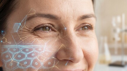 A close-up shot of a mature woman smiling gracefully, her face gently illuminated, with subtle lines and age.