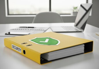 Security concept showing folder containing security papers and shield icon protection