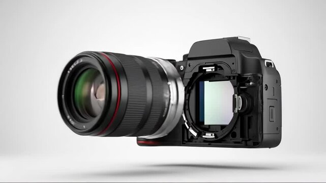 Disassembled digital camera showing internal parts, detached lens being mounted, and finally assembled camera with lens