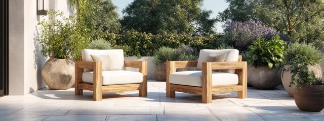 Naklejka premium A patio with two wooden chairs and a few potted plants